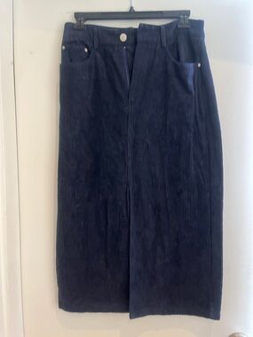 Commense Navy Corduroy Midi Skirt with Front Slit